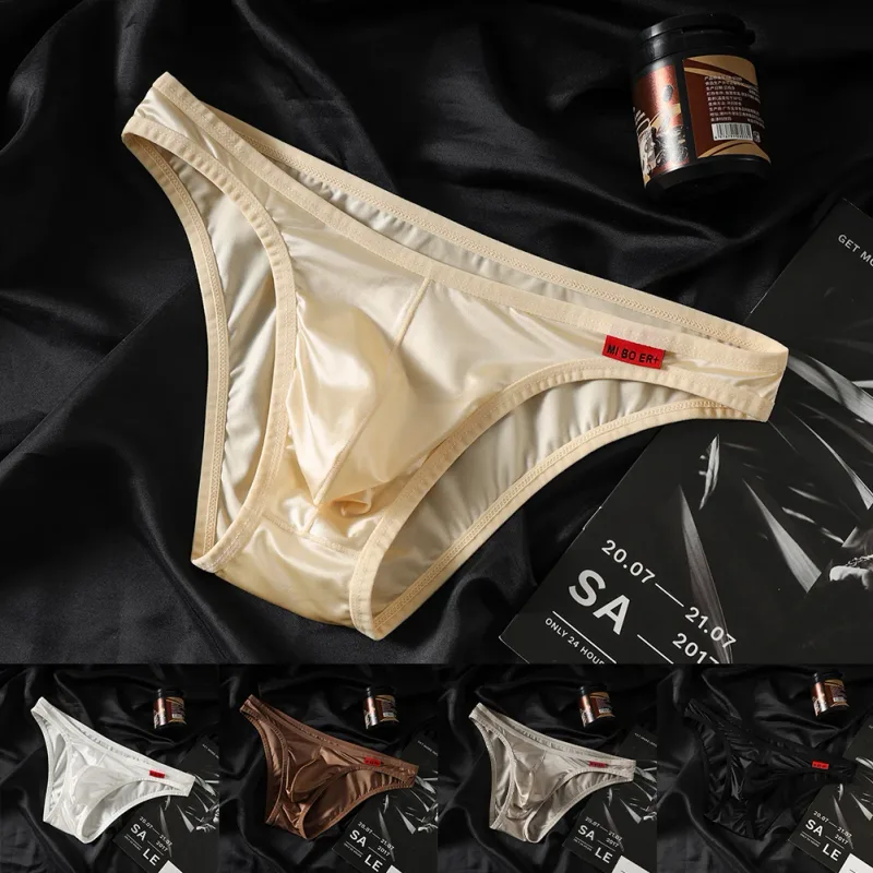 Men Low Waist Satinlike Ice Silk Stretch Brief Underwear Breathable Pouch Soft Fabric Underpants for Multiple Seasons