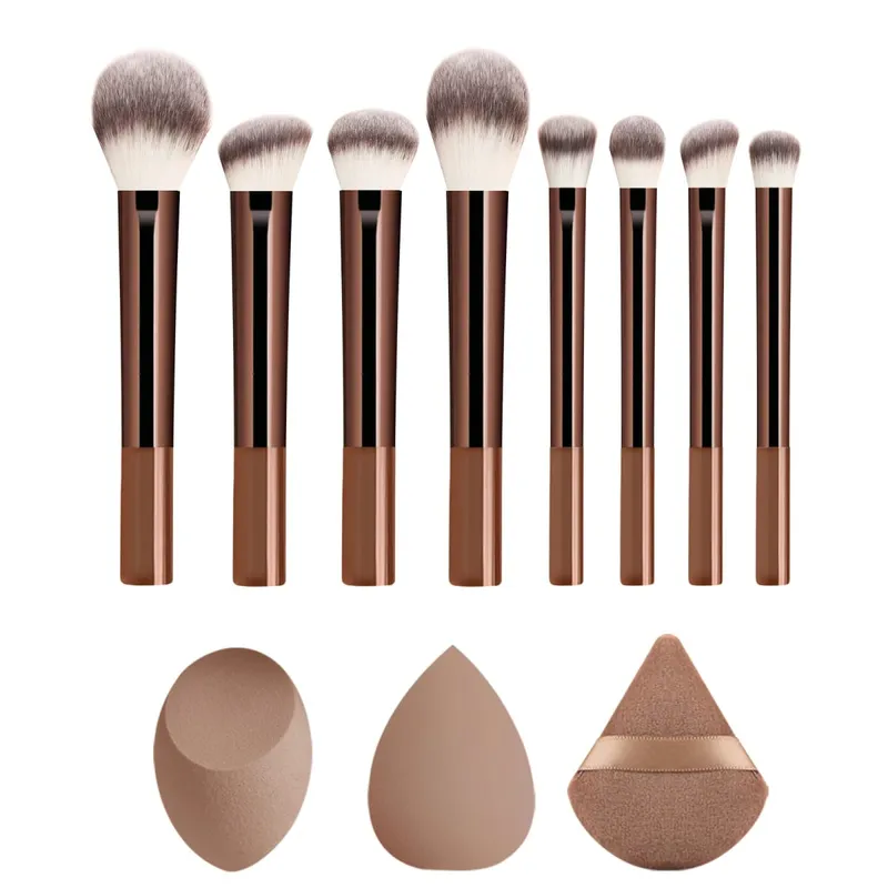 8 Buah Set Kuas Rias Kopi Coklat Kuas Eyeshadow Foundation Perona Pipi Bedak dengan Puff Segitiga