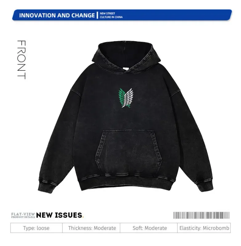 Anime Levi Hoodies Vintage Washed A-Attack on Titan Hoodie Casual Manga Yeager Eren Hooded Sweatshirts Titan Attack Pullover