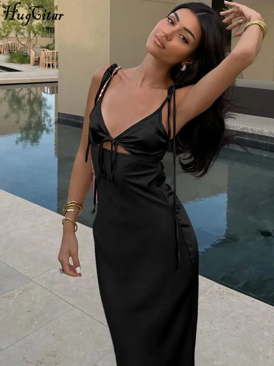 Hugcitar V Neck Solid Slips Backless Hollow Out Lace Up Sexy Bodycon Maxi φόρεμα χορού Καλοκαιρινό Γυναικεία Κομψά ρούχα Πάρτι γενεθλίων