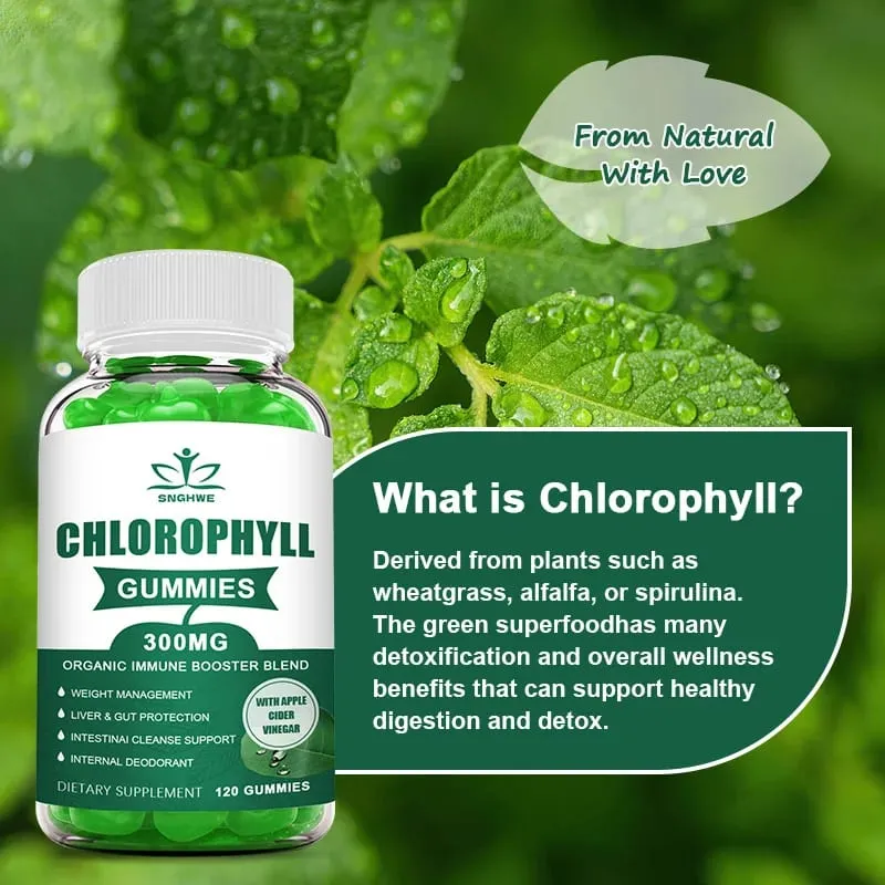 Chlorophyll Gummies-with ACV Vitamin D3 C E B12 -Natural Deodorant Energy Boost Immune&Digestion Support Vegan 60 Candies