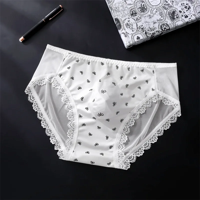 Soft men's underwear bow print lace calzoncillos hombre 3D space adults 18 plus size cueca nude feeling sissy cuecas masculino