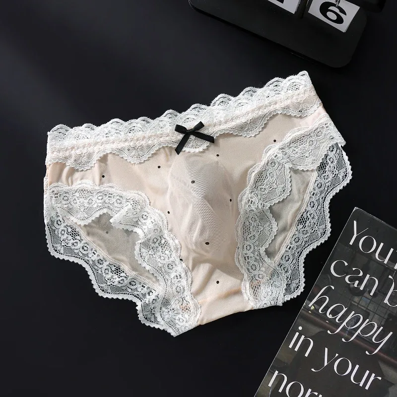 Men's Sexy Briefs Lace Edge Polka Dot Underwear Ice Silk Sissy Panties U Convex Pouch Underpants Seamless See Through Lingerie