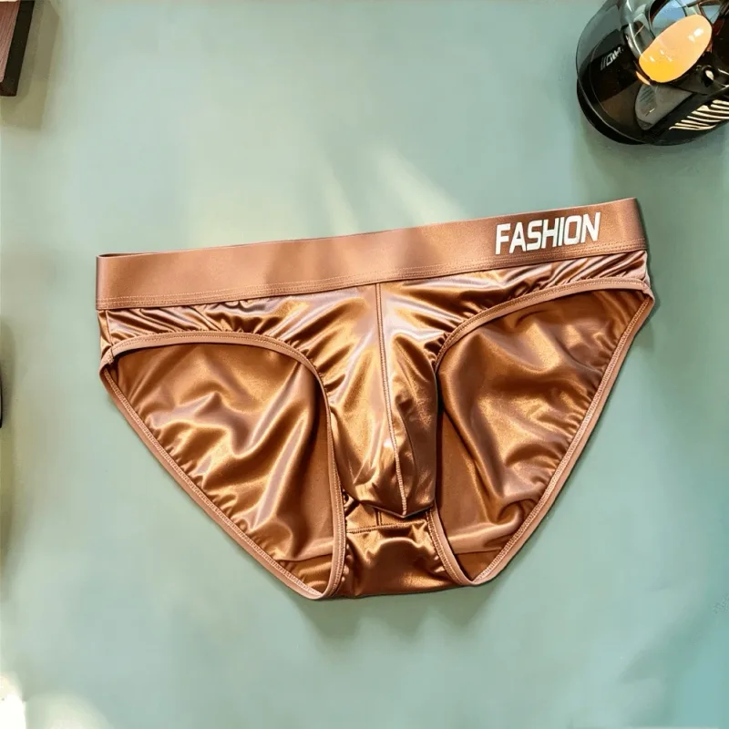 Men Glossy Satin-like Smooth Brief Ice-Silk Hip Wrap LargePouch Satin Silky Briefs Low Waist Gradient Letter Glossy Underwear
