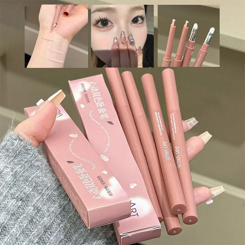 Bicolor Under Eyes Pen Double Ended Lying Silkworm Pencil Nude Lower Eyelid Contour Aegyo-sal Eyeliner Makeup with Detail Brush