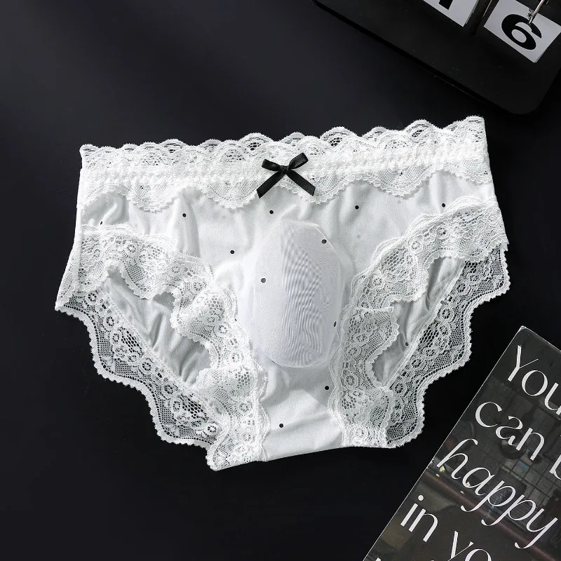 Men's Sexy Briefs Lace Edge Polka Dot Underwear Ice Silk Sissy Panties U Convex Pouch Underpants Seamless See Through Lingerie