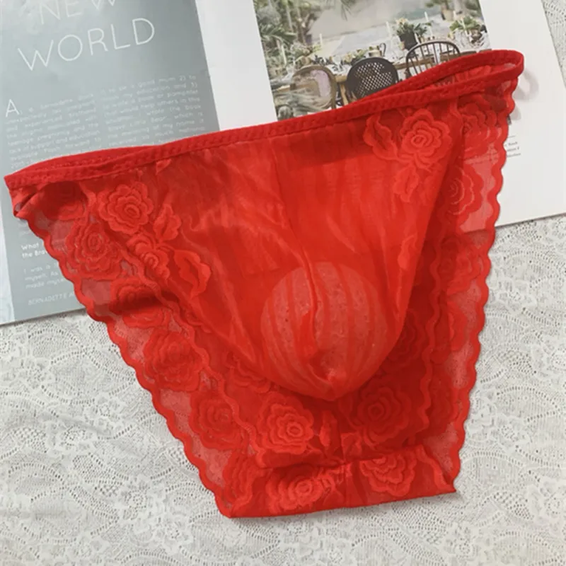 Men Seamless Lace Extreme Men's Panties Mesh Sheer Very Hot Lingerie Gay Sissy Bulge Pouch Bikini Briefs Underwear Underpants