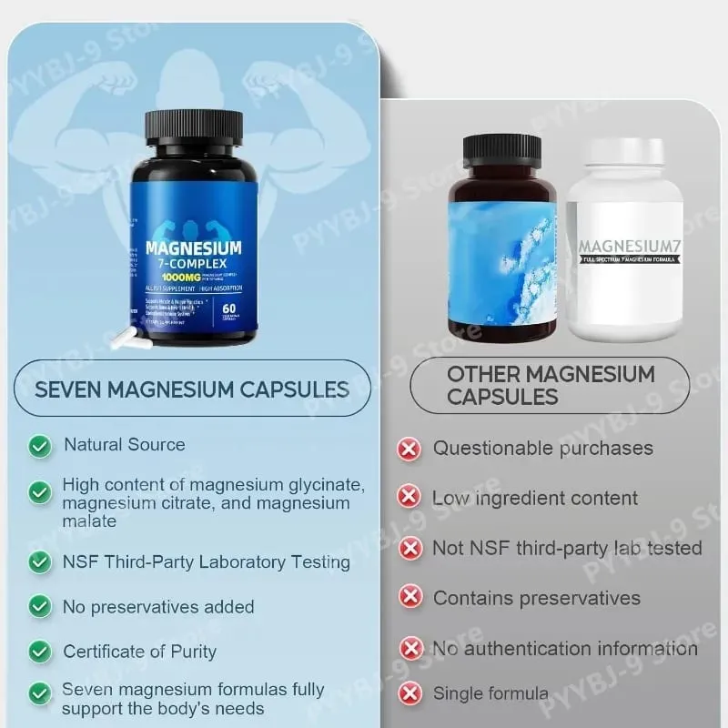 Magnesium 7 Complex Supplement na may Glycinate Citrate Malate Chelate Zinc Vitamin D3 B6 para sa Sleep Muscle Relief 60 Capsules