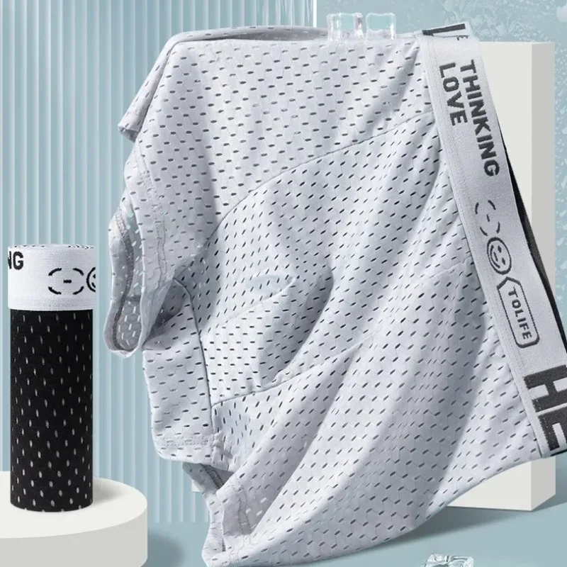 6 Stück Mesh-Boxshorts aus Eisseide für Herrenunterwäsche, atmungsaktiv, sexy, schmale Passform und nahtlose, flache Ecken, große Größe