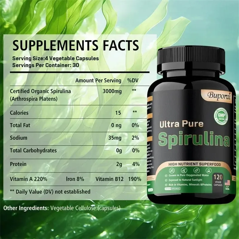Suplemen Spirulina Organik - Nutrisi Detoksifikasi Kesehatan Sistem Kekebalan Tubuh Suplemen Antioksidan Kesehatan Kardiovaskular