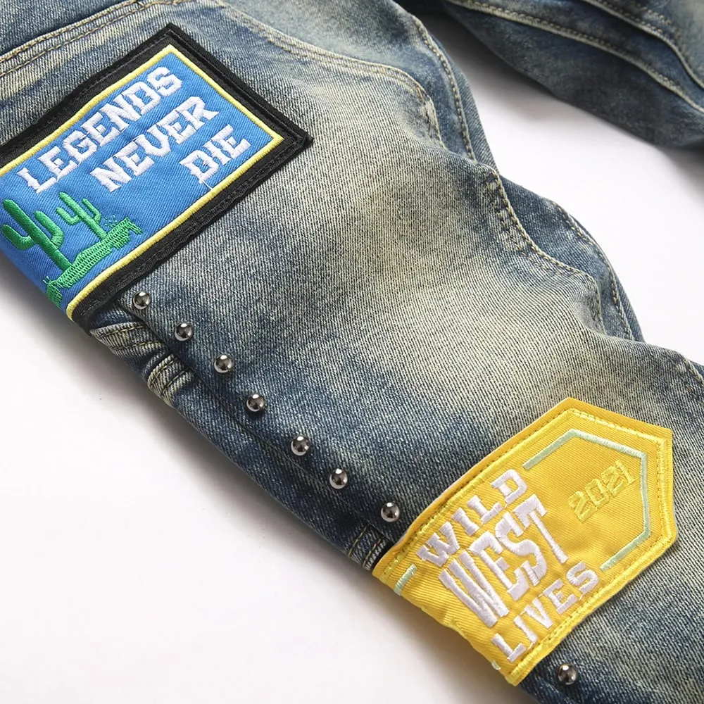 Ανδρικό Badge Patch Boot Cut Jeans Rivet Vintage Ρετρό Μπλε Stretch Τζιν Παντελόνι Streetwear Slim Flared Παντελόνι
