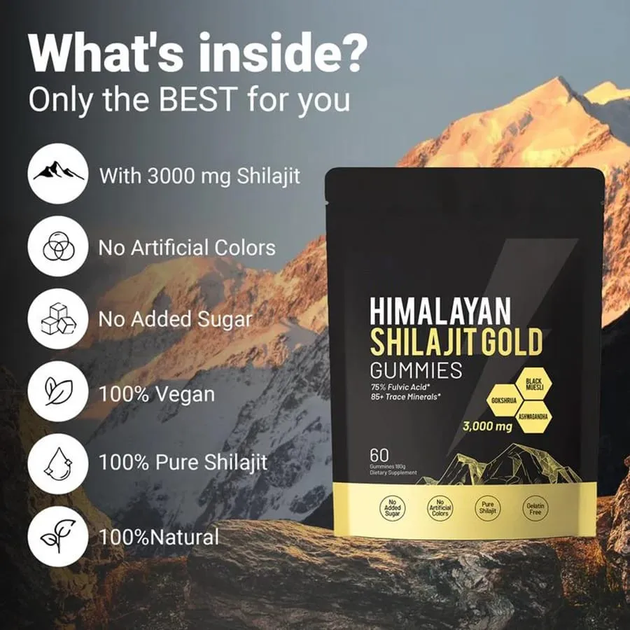 תוספי תזונה יומיים טהורים בהימלאיה Shilajit Gummies מכילים 85+ מינרלים קורט 60 חתיכות לבקבוק