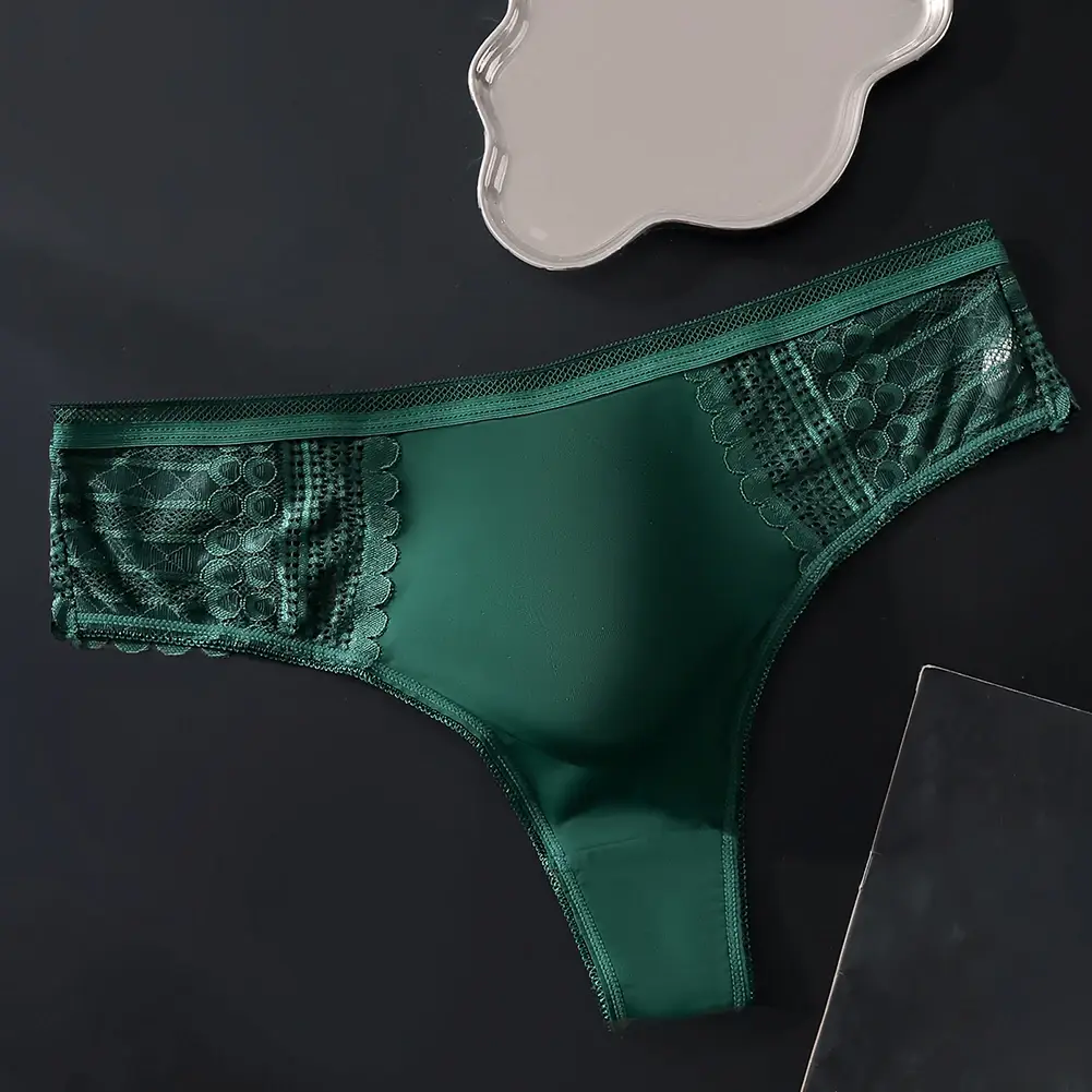 1pc Men's Sexy Lace Briefs Seamless Ice Silk G-String Underwear 3D Bulge Pouch Solid Thong High Elastic Breathable Panties