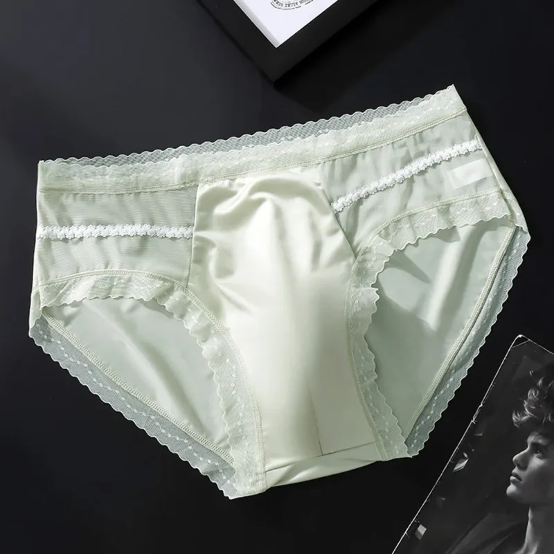 Men's Sexy Lace Thin Seamless Ice Silk Briefs Underwear 3D Bulge Pouch Panties U Convex Sexy Underwear Ice Silk Lace Thin