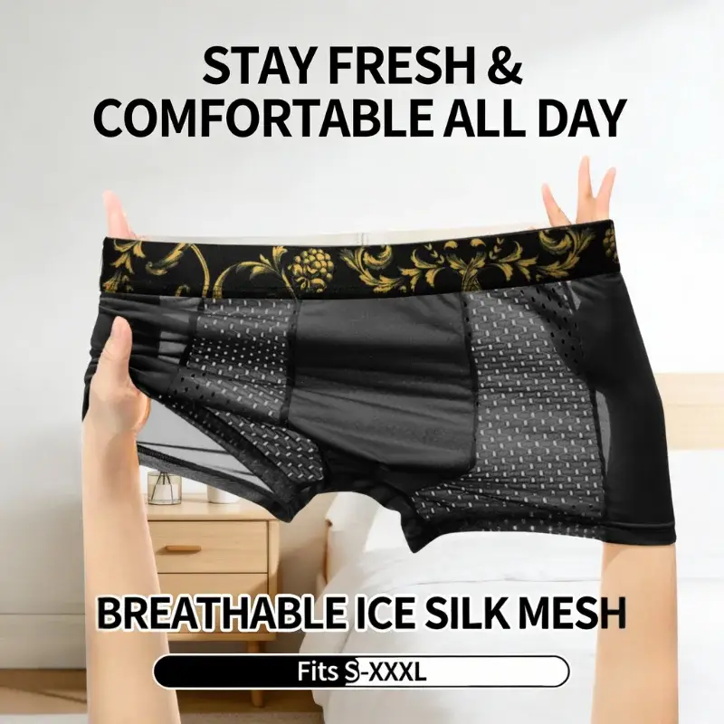 Men's Ice Silk BoxerBriefs Gold Floral Waistband Breathable Underwear Quick-Dry Skin-Friendly Sports Trunks Plus Size for Summer