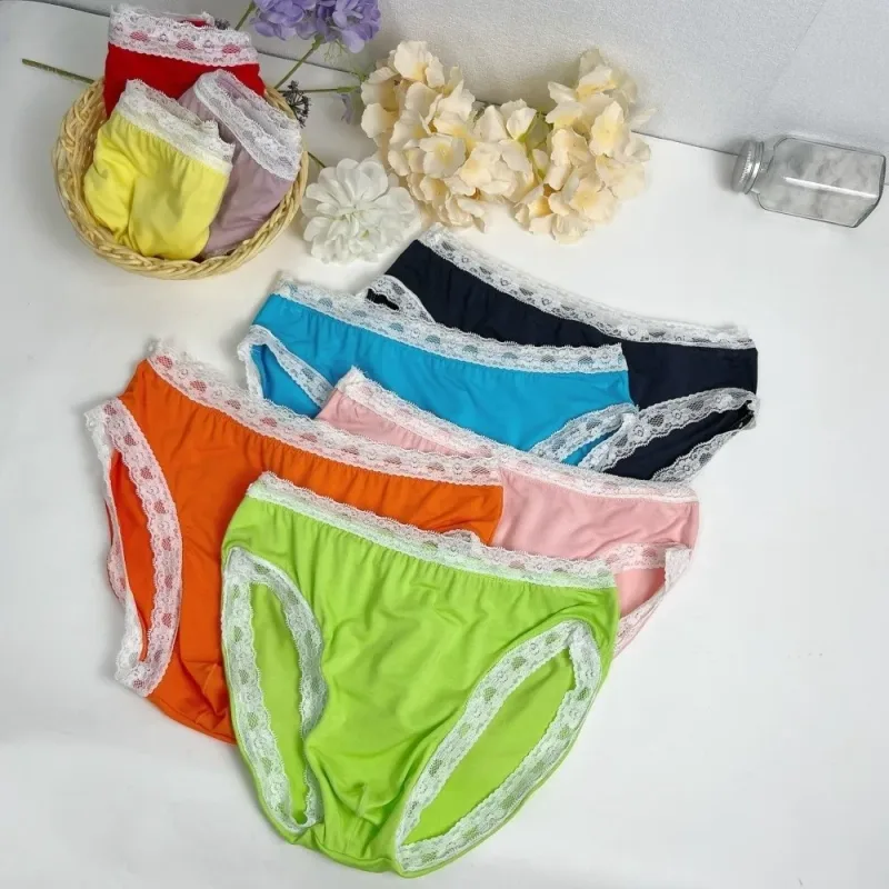 Breathable Ice Silk Men's Underwear Lingerie Low Waist Men's Lace Trim Briefs Panties U-Convex Pouch Brief Youth