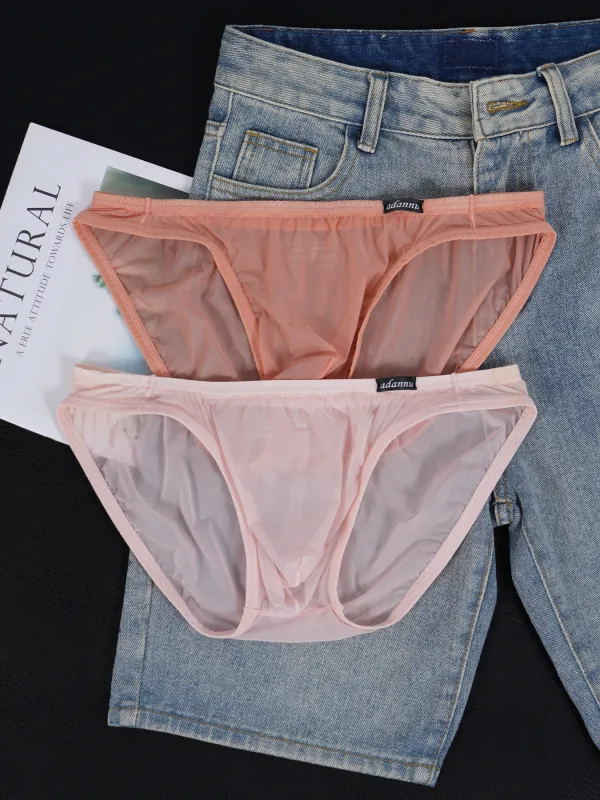 3 PCS Men's Ice Silk Cool U Convex Pouch Mesh Sheer Sexy Briefs Slim Thin Waistband Body Shaping Multicolor Underwear