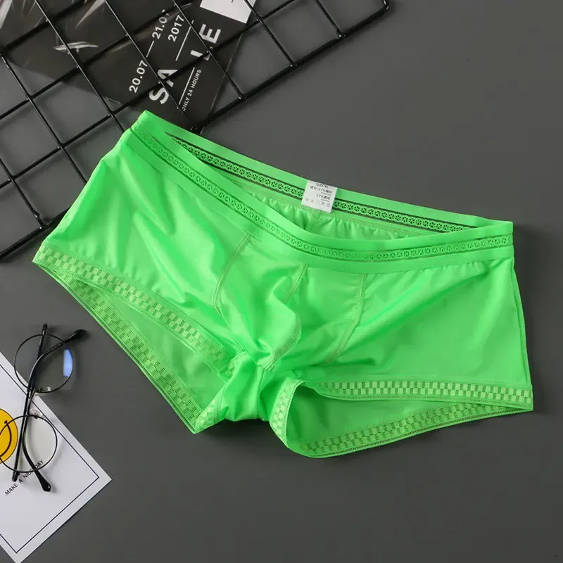 Venda quente de seda gelo roupa interior masculina sem costura transparente boxer shorts ultra-fino respirável confortável calcinha