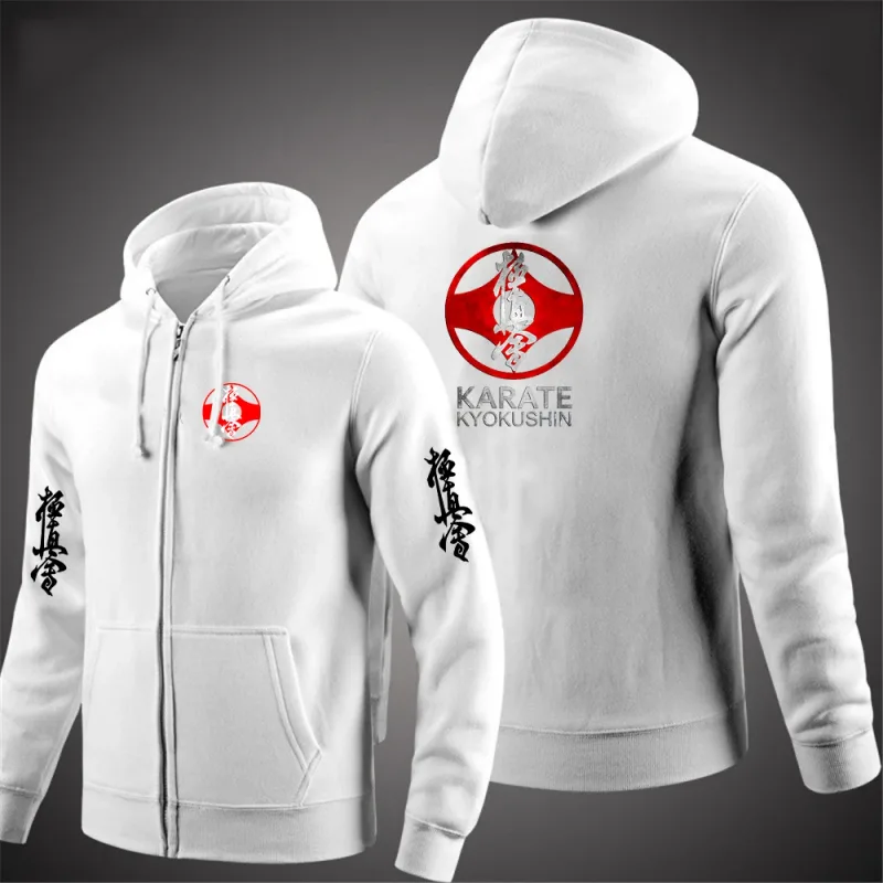 Kyokushin Karate Printed Hooded Long Sleeve Men Jacket Drawstring Zipper Closure Solid Color Casual Sweatshirt Clothing