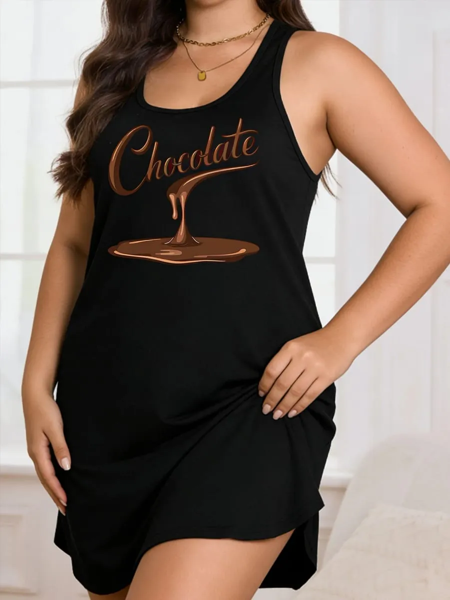 Large-Size Lady's 'Chocolate' Print Round-Neck Pullover Dress With a Close-Fitting and Comfortable Design Suitable for Casual