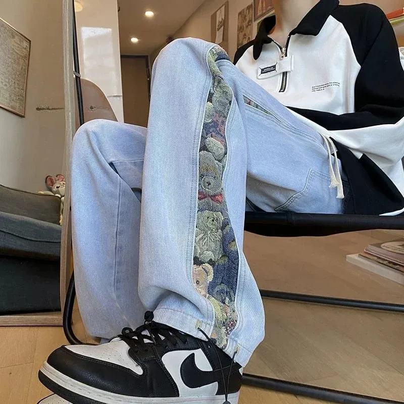 2023 Embroidered Bear Jeans Ανδρικά Άνοιξη Φθινόπωρο ίσιο πόδι χαλαρό συν με φαρδύ πόδι μάρκα American High Street Casual παντελόνι