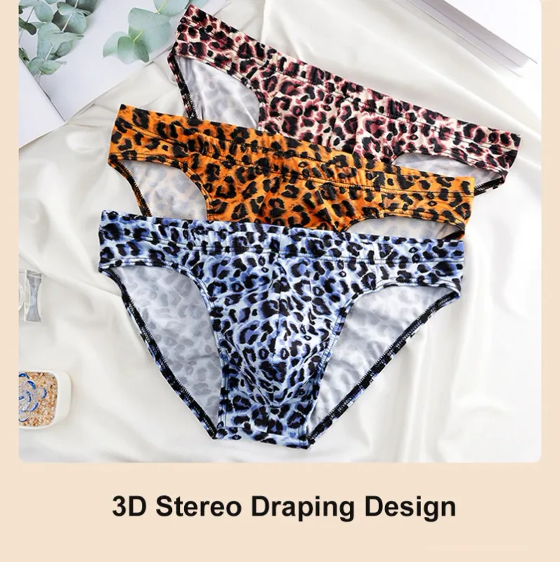 Men's Mid Waist Underwear Sexy Ice Silk Briefs Leopard Printed Breathable Underpants Male Soft Comfortable Panties Cueca Homme