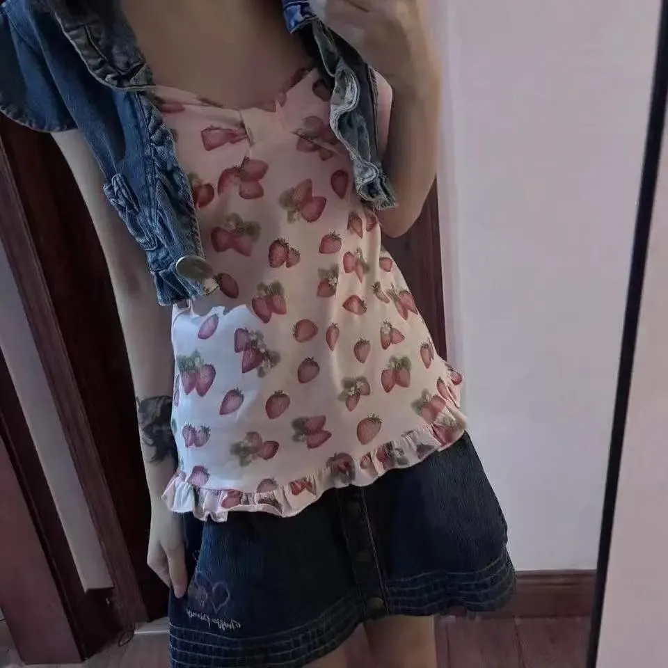 Χαριτωμένα γυναικεία σπαγγέτι λουράκι Tank Top Στολίδι με μοτίβο φράουλα Φιόγκος βολάν Στρίφωμα Slim Sweet Cottagecore Daily Cami Top