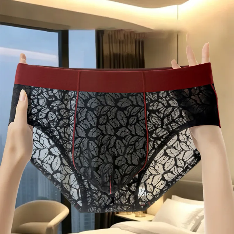 Men Ice Silk Ultra-thin Brief Underwear Seamless Lace Jacquard Breathable Pantie 3D Bulge Pouch Transparent Mesh Lingerie