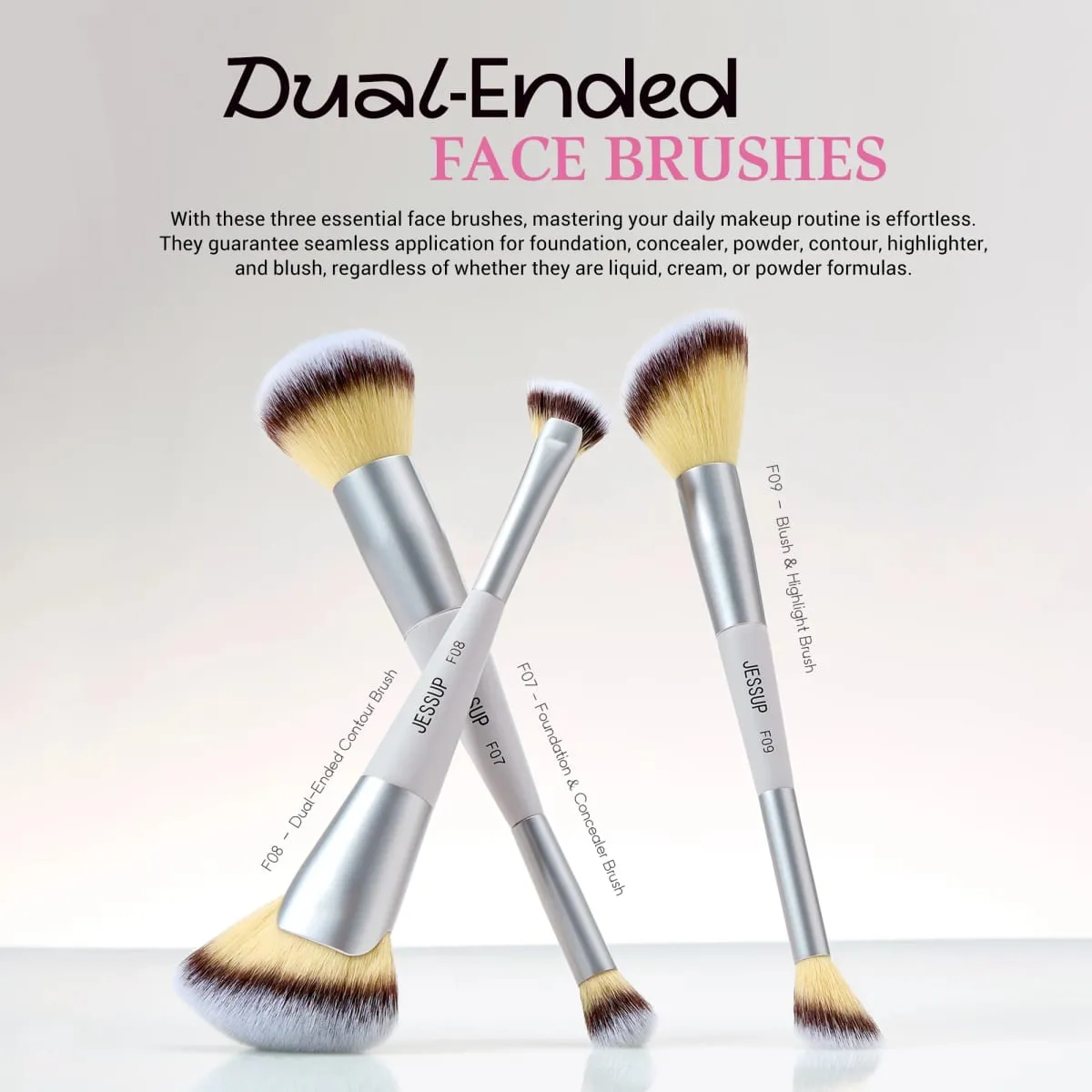 Σετ πινέλα μακιγιάζ Jessup 3/7 τμχ Dual Ended Synthetic Foundation Blush Highlight Blending Brush Brush with Bag Quiet Grey T520