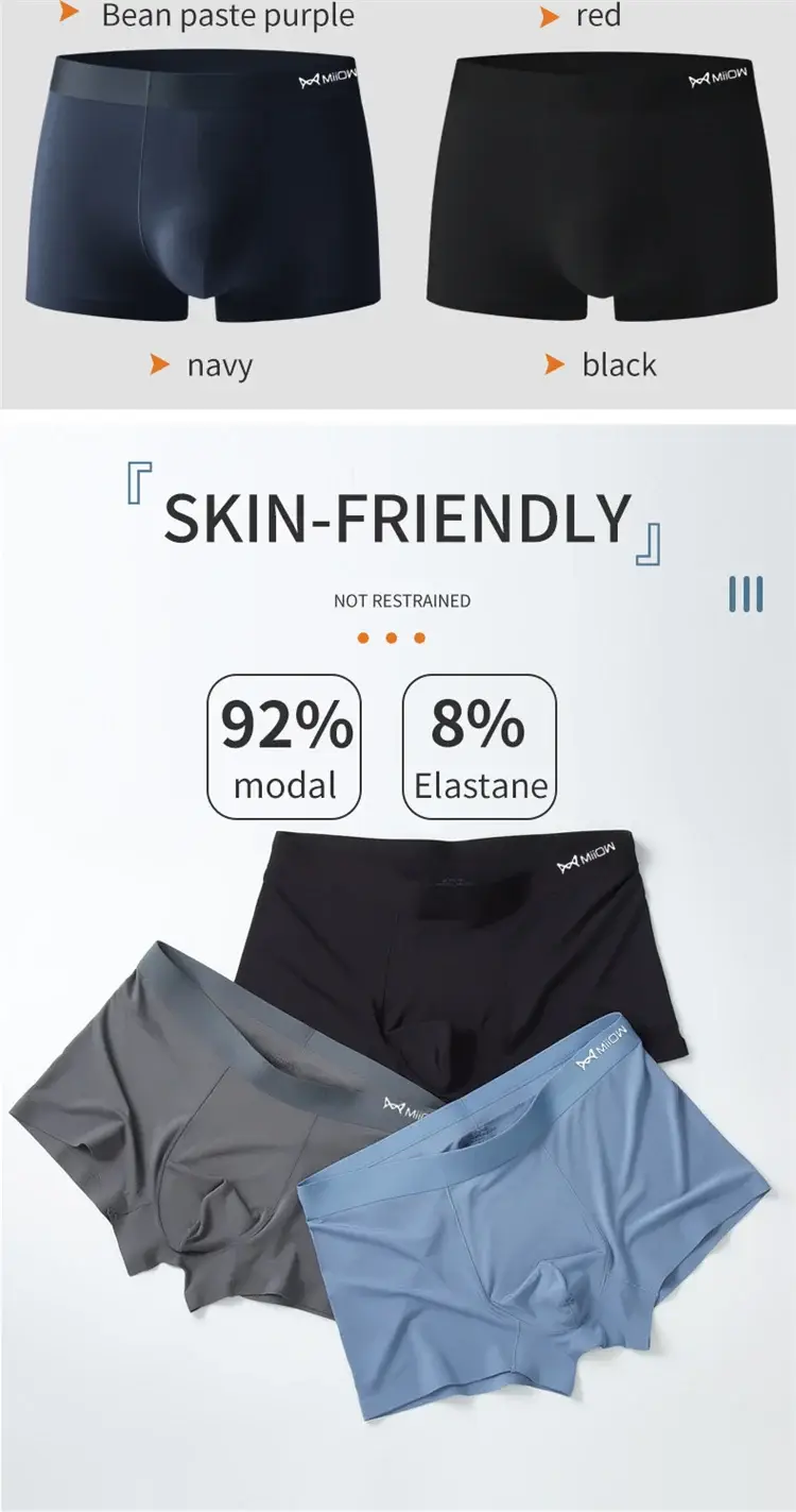 MiiOW 3Pcs/Men's Underwear High Quality Modal Boxer Shorts Antibacterial Breathable Men Underpants Elasticity Large Size Panties