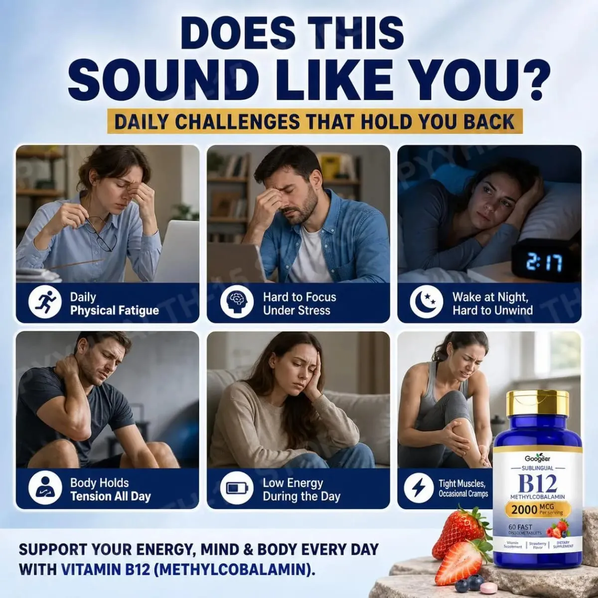 Googeer B12 Methylcobalamin Υπογλώσσια Ταμπλέτες Γρήγορης Διάλυσης με Άρωμα Φράουλα για Καθημερινή Υποστήριξη Άνεσης Σώματος 60 ταμπλέτες