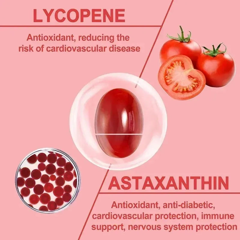 Astaxanthin + Lycopene Capsules - Supports Eye Joint and Skin Health Improves Immunity Speeds Up Metabolism Non-GMO
