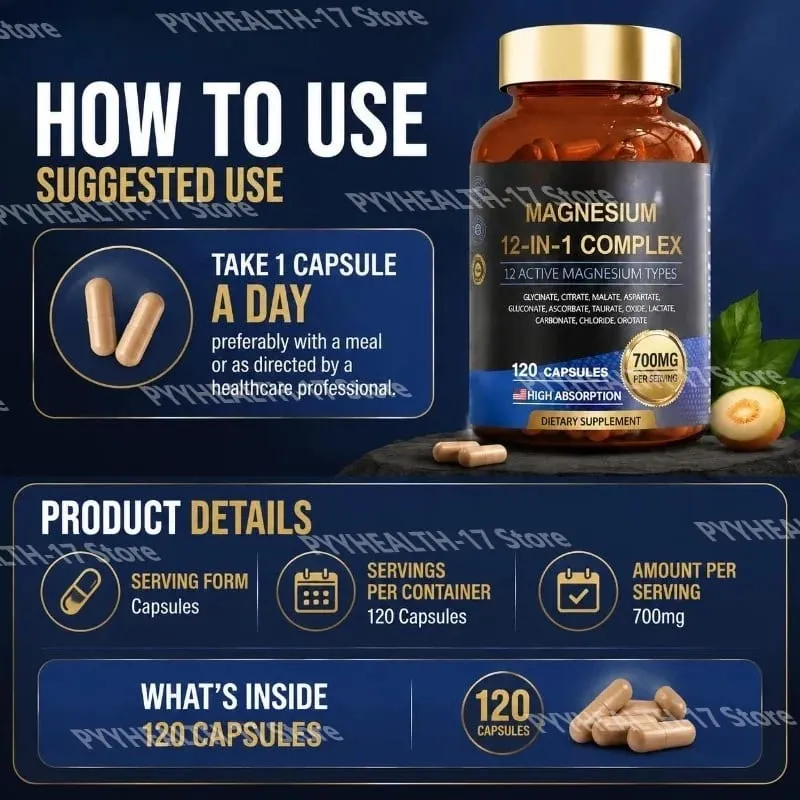 Magnesium 12-In-1 Complex Capsules for Sleep Support and Muscle Relaxation Nervous System & Heart Health 120 Capsules