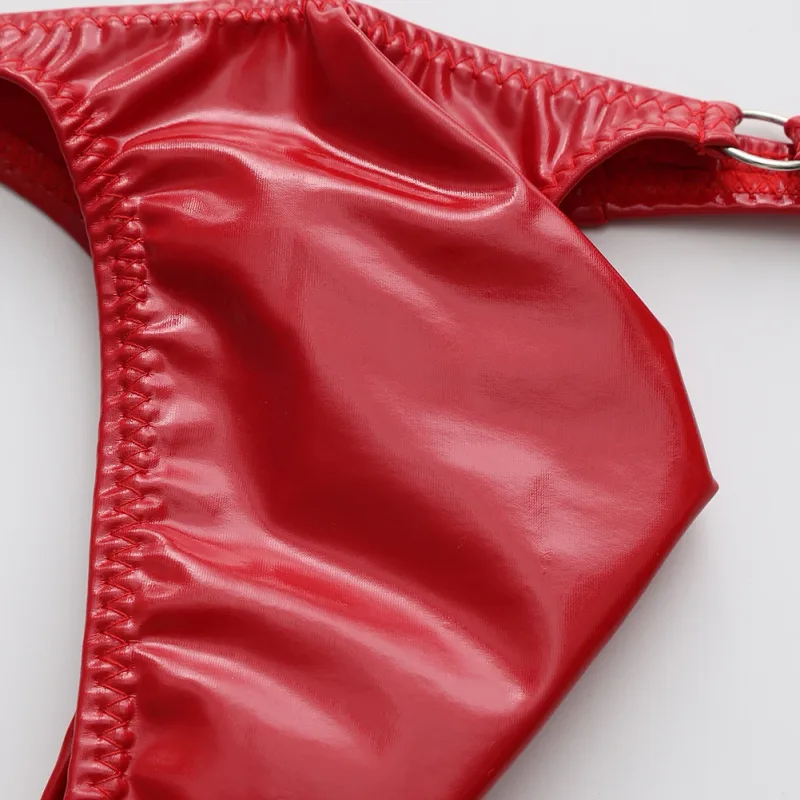 1pc masculino cintura de couro brilhante com anel de metal g-strings tangas gay bulge bolsa cintura baixa elástico roupa interior bunda-expondo sexy