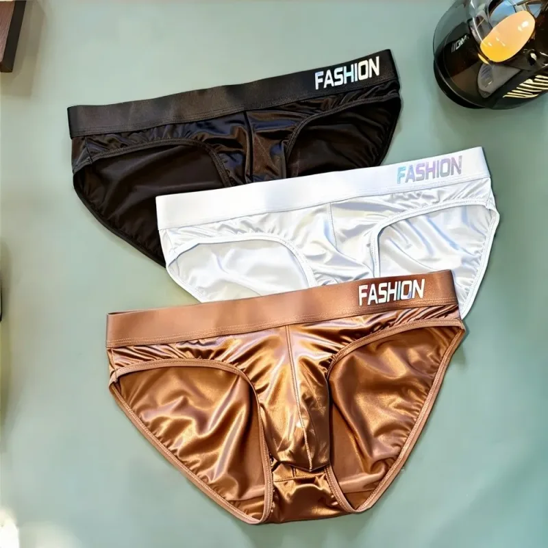 Underwear Men's Triangle Panties Low Waist Ultra Smooth Satin Silky Briefs Lingerie Gradient Letter Glossy Underpants Large Size