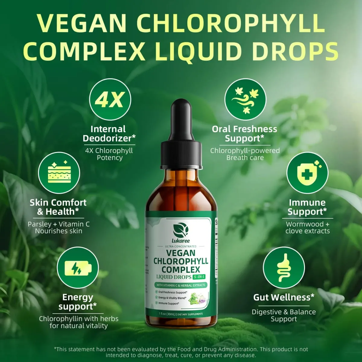Sinusuportahan ng Lukaree 30ML Chlorophyll Liquid Drops ang Natural Cleansing at Immune Internal Deodorant Skin at Gut Health Vegan Sugar-Free