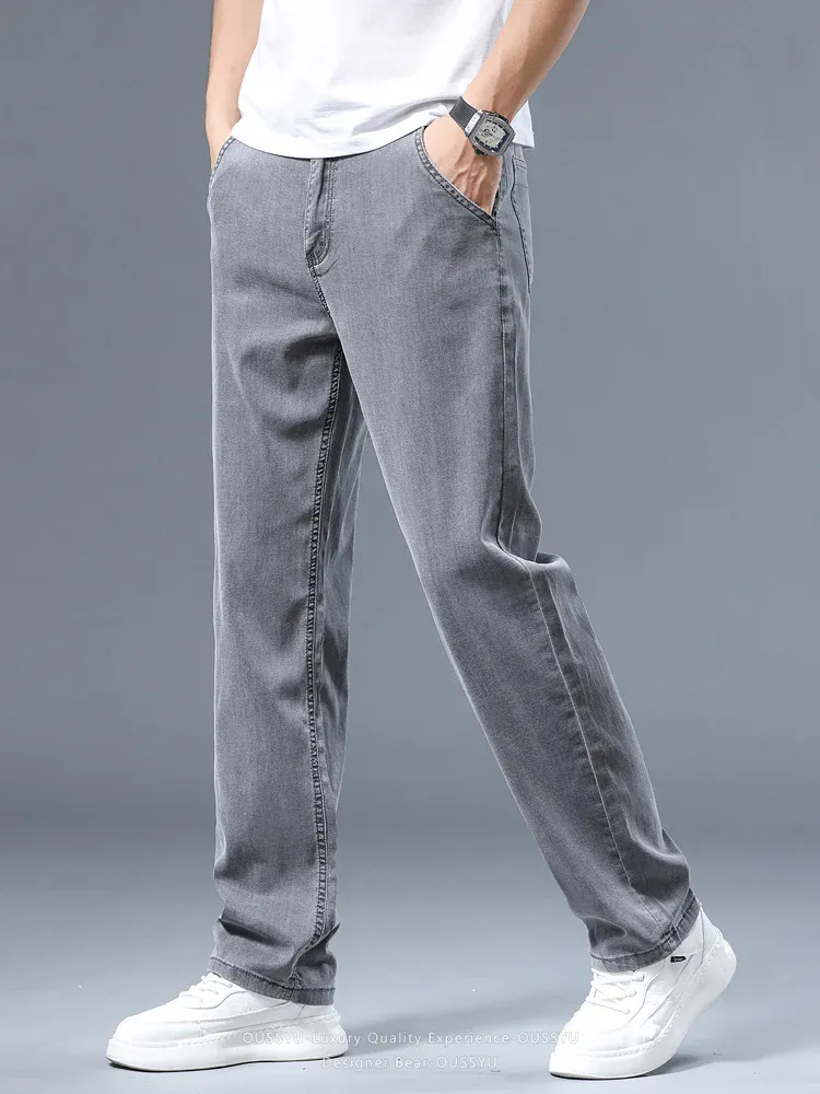 קיץ דקים גברים ג'ינס רופף ישר Lyocell Soft Drape Business Casual מכנסיים מעשן אפור אייס משי מכנסיים פלוס מידה 40 42
