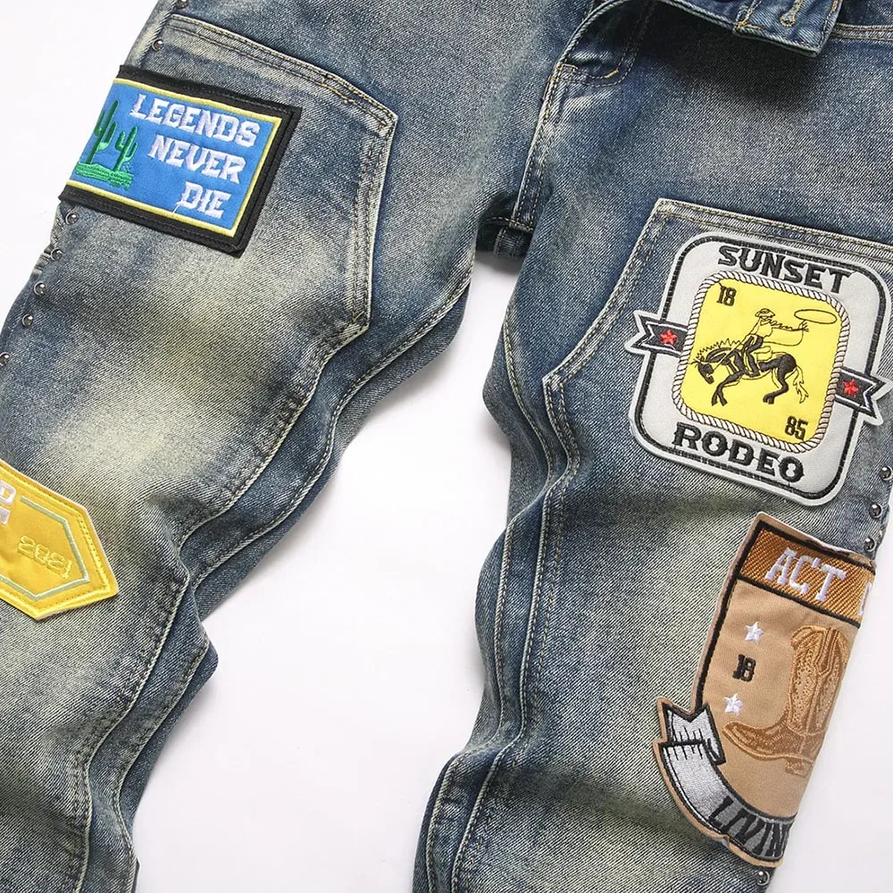 Ανδρικό Badge Patch Boot Cut Jeans Rivet Vintage Ρετρό Μπλε Stretch Τζιν Παντελόνι Streetwear Slim Flared Παντελόνι