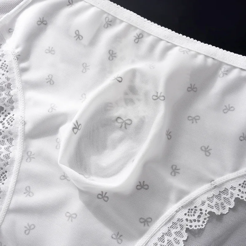 Sexy Lace Mens Briefs 3D Pouch Floral Edge High Elastic Sweet Heart Bow Print Mesh Splicing Underwear
