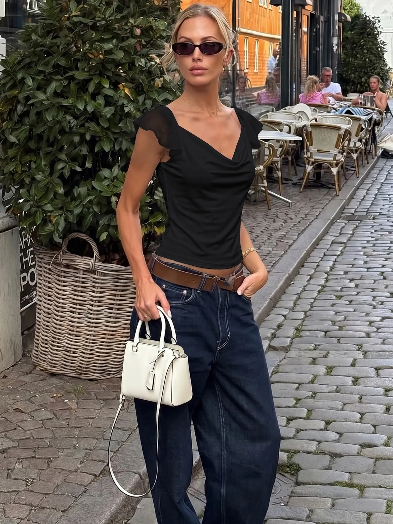 Dulzura Swinging Collar Backless Chiffon Patchwork Tank Top Γυναικεία μονόπλευρη σέξι περιστασιακή Y2K Top Party Vacation Beach Summer outfit