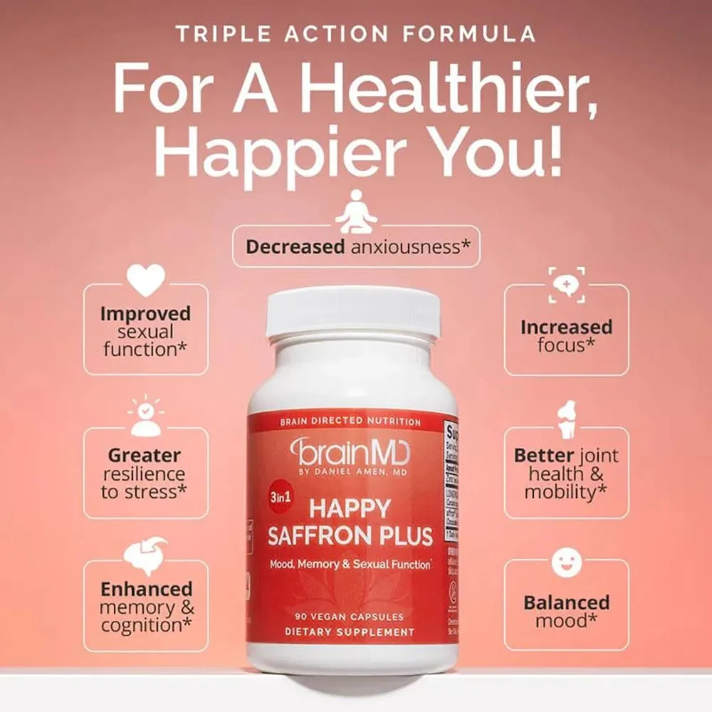Happy Saffron Plus Supplement for Mood Memory - 90 Capsules - with Saffron Flower Extract Curcumin & Zinc - Vegan Gluten Free