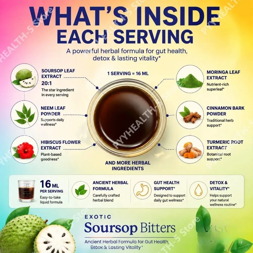 Herbal Soursop Bitters Liquid Supplement Black Seed Moringa Irish Moss Drops para sa Gut Digestive Wellness Immune 16 Fl Oz(473ml)