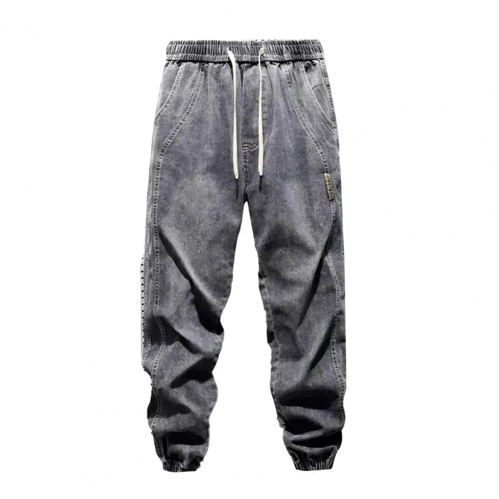 Harem Jeans with Leg Bindings Pockets Elastic Waist Adjustable Drawstrings Men Jeans Solid Color Street Style Jogger Pants