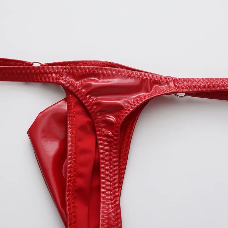 1pc masculino cintura de couro brilhante com anel de metal g-strings tangas gay bulge bolsa cintura baixa elástico roupa interior bunda-expondo sexy