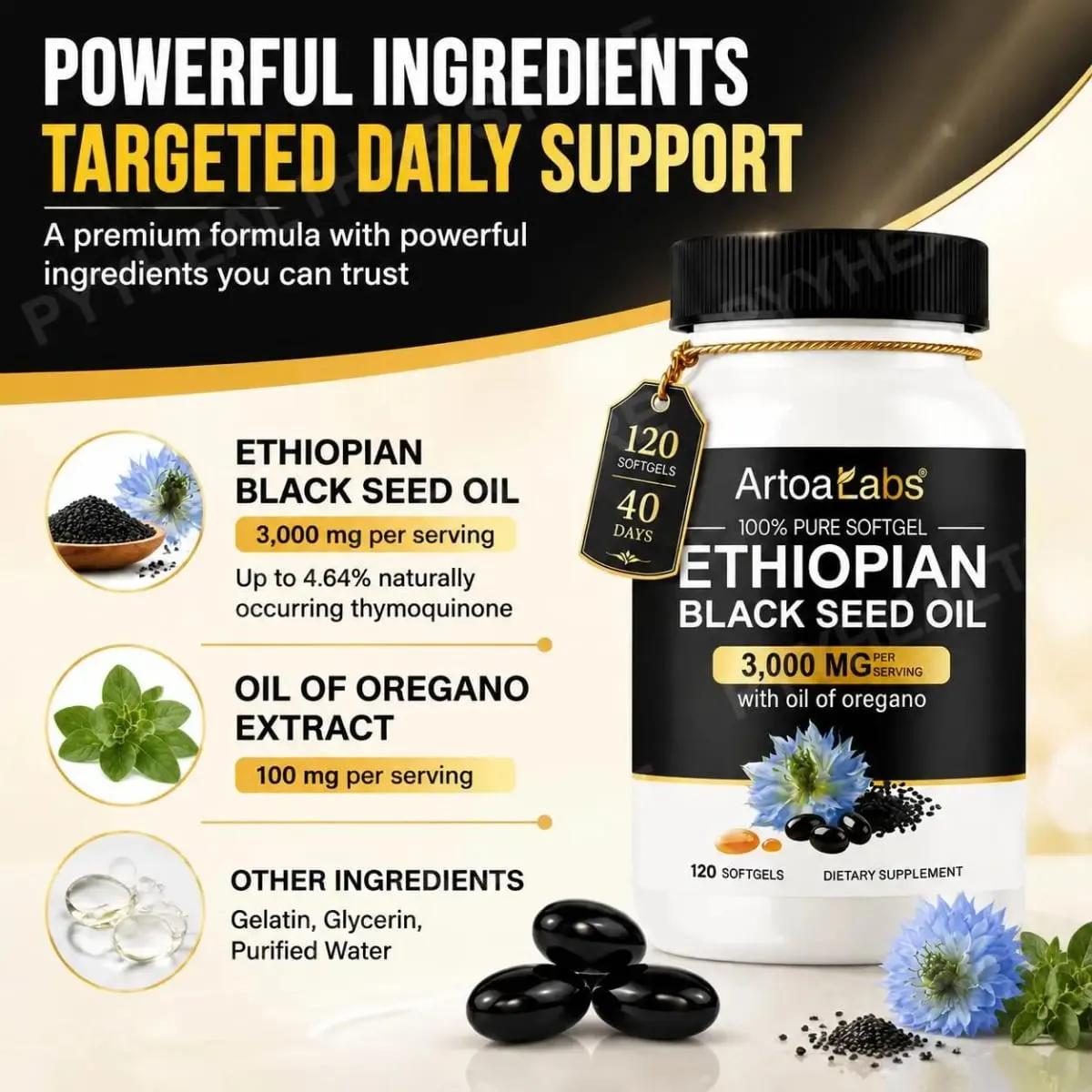 Ethiopian Black Seed Oil Softgels 3000mg na may 100mg Oregano Extract para sa Immune Digestive at Daily Vitality Support 120 Count