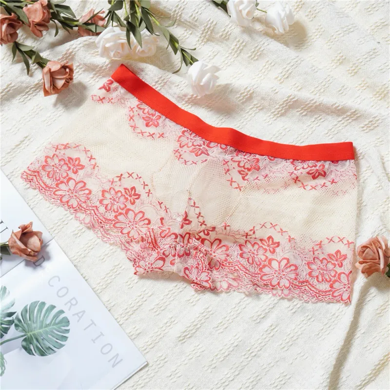 Men Lace Jacquard Mesh Boxer Shorts Underwear Hollow Temptation Exotic Trunks Silk Soft Quick Dry Breathable Sexy Panties
