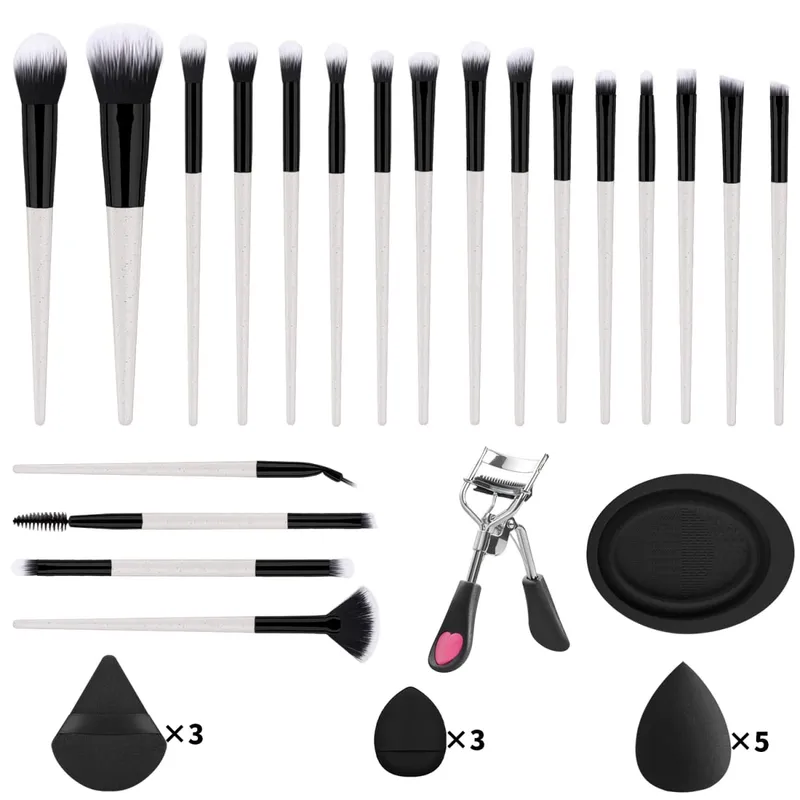 33 Buah Kit Alat Rias 20 Kuas Rias dengan Mangkuk Pembersih Puff Bedak Set Rias Mata Wajah Penuh Penjepit Bulu Mata