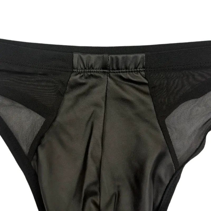 Sexy Men Low Rise Triangle Underwear PU Leather Front Spliced Breathable Mesh Sides Transparent T-back Briefs