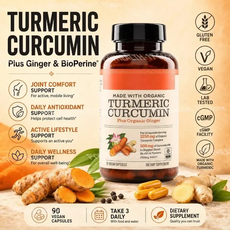 Οι κάψουλες Turmeric Curcumin Plus Vegan κατασκευασμένες με βιολογικό τζίντζερ υποστηρίζουν την υγεία των αρθρώσεων και την υγεία της καρδιάς Μη ΓΤΟ 90 Κάψουλες