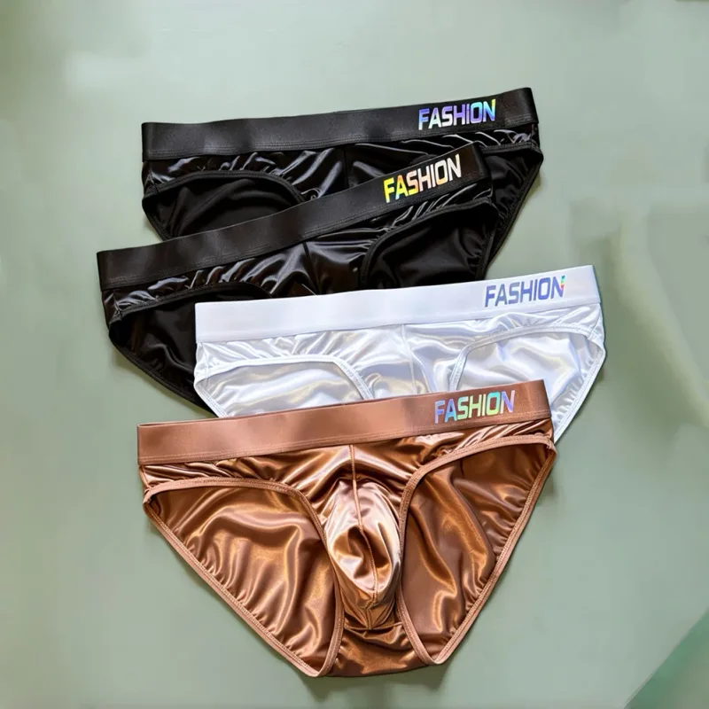 Men Glossy Satin-like Smooth Brief Ice-Silk Hip Wrap LargePouch Satin Silky Briefs Low Waist Gradient Letter Glossy Underwear